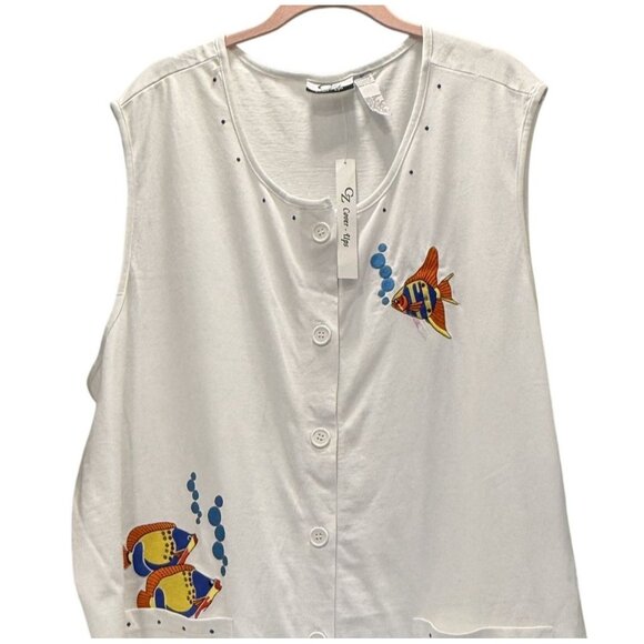 CZ Cover Ups Womens 5X White Button Cover-Up Fish Coral Embroidery Beach Pool - Picture 2 of 8